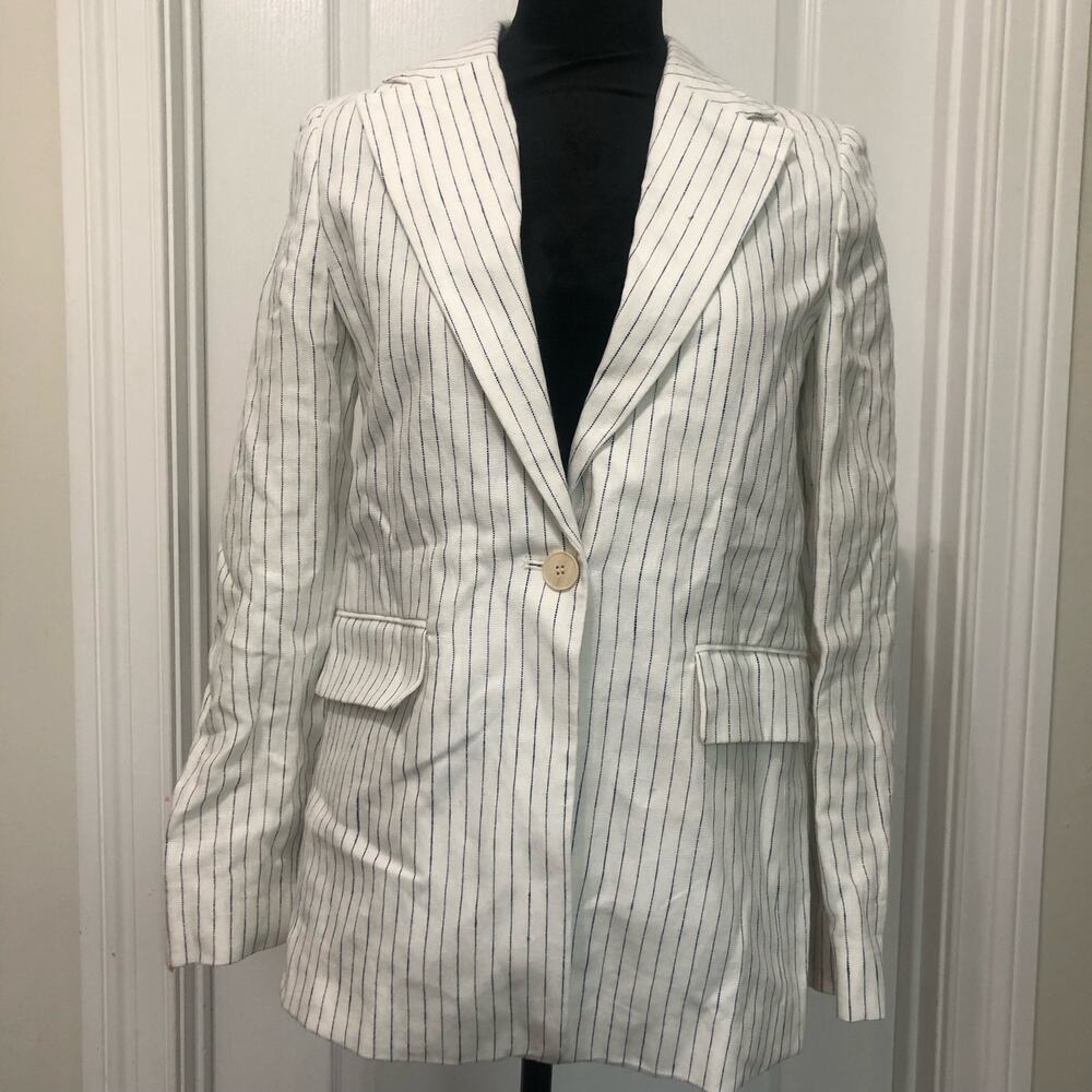 Mango Americana 100Mauro Womens Size XS White Navy Pinstripe Linen Blazer New